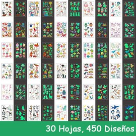 30 Hojas 450 Tatuajes Temporales Niños, Pegatinas Fluorescentes, Impermeable, Ideales para Decorar Fiestas Niños