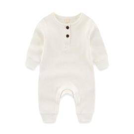 Newborn Baby Boys Girls One Piece Romper With Mitten Cuffs 3 Pack Long Sleeve Ribbed Button Jumpsuit Outfit Clothes white+apricot+gray 18 months