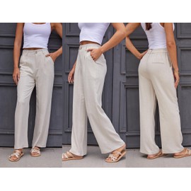 heipeiwa Women's Linen Casual High Waist Wide Leg Straight Dress Cotton Linen Pants Button Trousers