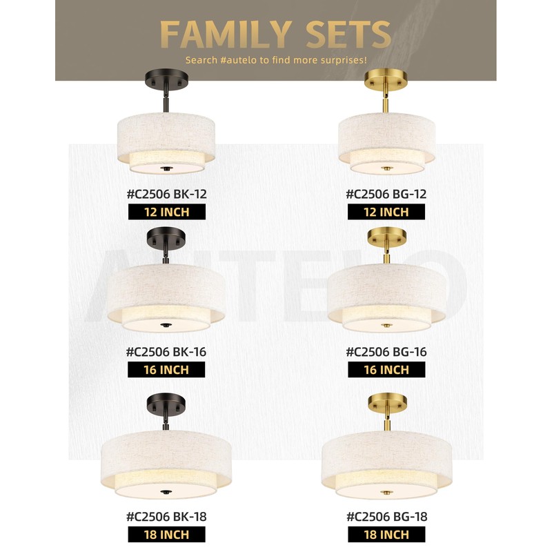 AUTELO 3-Light Drum Semi Flush Mount Ceiling Light Fixture, 12