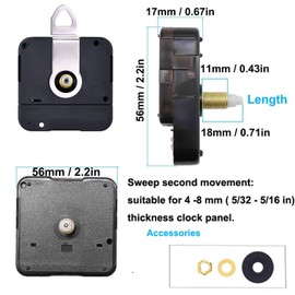 HILLHOME Quartz Analog Clock Movement - High Torque, Accurate Timekeeping, Sweep Seconds, 5 Popular Clock Hands, Compatible with Cross-Stitch, DIY, 45/64 Inch Shaft Length