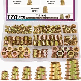 Taiss 170PCS Threaded Inserts Nuts,6 Sizes Wood Threaded Insert Kit,Furniture Screw in Nut Wood Inserts M4/M5/M6/M8 Threaded Inserts for Wood,Hex Socket Drive Screw Inserts for Wood Furniture,Cabinet
