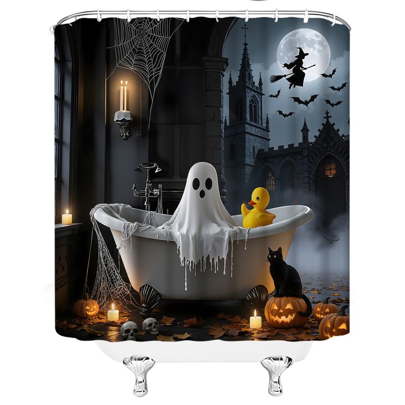 Halloween Shower Curtain,Whimsical Ghost in Bathtub with Black Cat Pumpkin