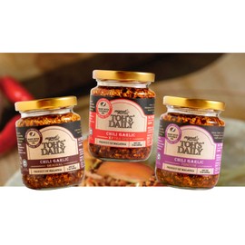 Toh's Daily Chili Garlic Triple Happiness (3 x 7oz) Hand-crafted in healthy coconut oil Perfect for noodles and dishes (Original, Extra Spicy, Tom Yum) FREE Stainless Steel Spoon