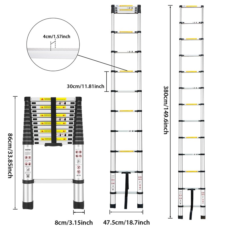 Telescoping Ladders, (12.5Ft/3.8M) EN131 Standards Aluminum Extension Ladder, Extension for