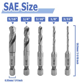 Mesee 5 Pieces Stubby Drill Bit Set 1/4" Hex Shank Quick Change Stubby Bits 3/32" 1/8" 3/16" 1/4" 5/16" SAE Sizes HSS Drill Bits Twist Drive Bit for Metal Wood Plastic