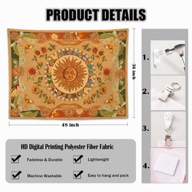 keowhsf Boho Yellow Sun and Moon Tapestry Vintage Indie Wall Hanging Tapestries Aesthetic Decor with Floral Sunflowers and Butterfly Constellation for Bedroom Living Room Dorm