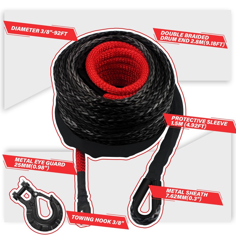 TYT Synthetic Winch Rope Kit - 3/8" x 92' with