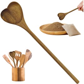 Heart Shaped Wood Spoon with Long Handle, Cooking Kitchen Utensils, Valentine Spoons Heart Shaped Bamboo Spoon, Serving Table Spoon Food Spoon Honey Spoons Kitchen Utensils