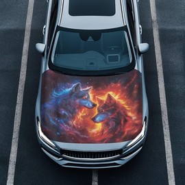 Renewold Car Hood Cover Protector, Red Blue Flame Wolf Print, Hood Covers for Cars, Vehicle Hood Wrap Blanket, Women Men Automotive Exterior Accessories, Auto Decor for Outdoor Indoor