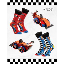 Rainbow Socks - Race Car Box Socks - Women's Men's Race Car Racing Car Go-Kart Socks Box - Novelty Gift for Fans of Fast Cars Racing - 2 Pairs, RaceCar