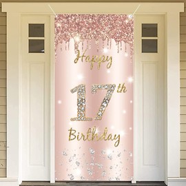 17th Birthday Party Banner Birthday Decorations for Girls Happy 17 Birthday Banner 17th Party Supplies Rosegold Welcome Porch Sign for Indoor Outdoor