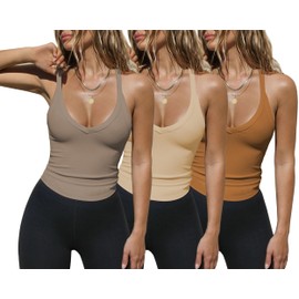 iGENJUN Women Workout Tops for Women Racerback Tank Tops 2025 Yoga Gym Ribbed Sleeveless Shirts Clothes,S,KhakiBeigeChoco