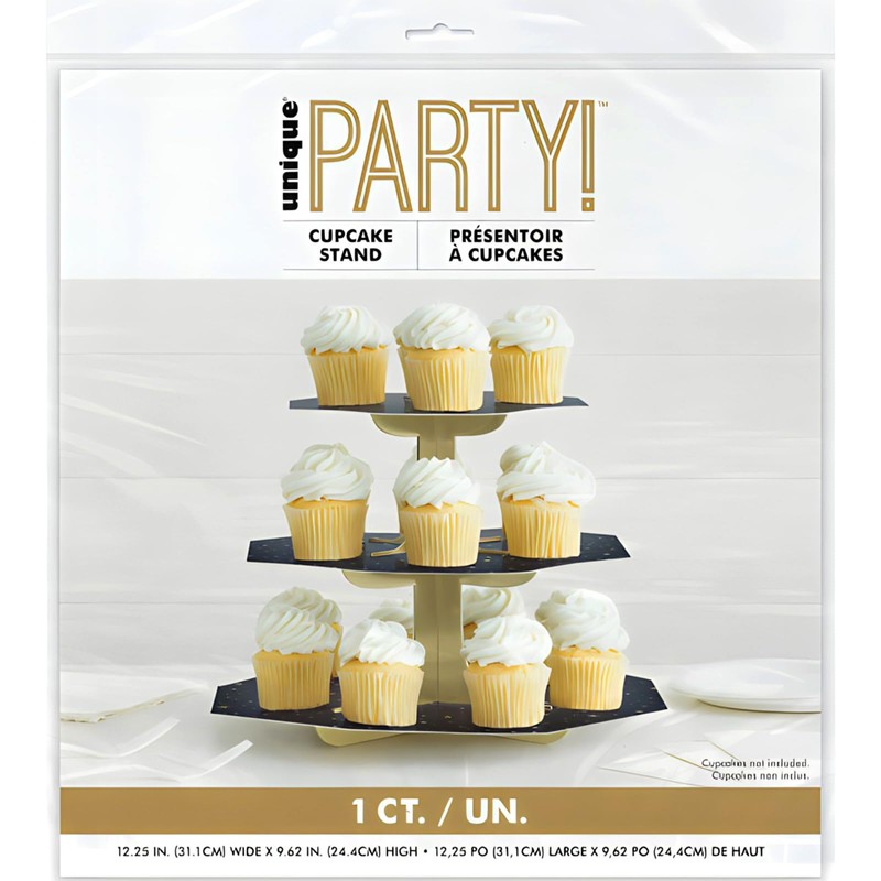 Unique 47990 Black & Gold Tiered Cupcake Stand-1 Count (Pack