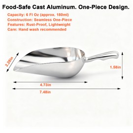 6 OZ Cast Aluminum Utility Scoop, One-Piece Solid Ice Scoop for Ice Bucket, Bar, Kitchen, Multipurpose Food Scooper for Flour, Sugar, Popcorn, Dog Food (Silver) (6OZ)