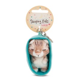 NICI Sleeping Pets Cat Tabby Keyring 8 cm in Basket - Brown - Loyal Companion for Backpack or Bag, Key Holder for Small and Large | 61608