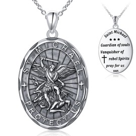 Saint Michael Necklace, 925 Sterling Silver Amulet Medal Pendant Religious Protector Jewelry Gifts St Michael the Archangel Amulet for Men Women
