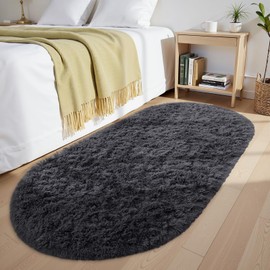 OLANLY Fluffy Soft Area Rugs for Bedroom, 2.6x5.3 Feet Machine Washable Oval Rug, Non-Slip Beside Carpet for Kids Room, Playroom, Nursery, Dorms, Home Decors, Black