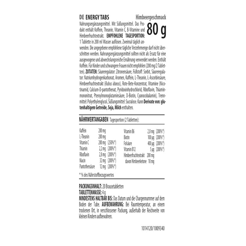 Activlab Energy Tabs 20 Effervescent Tablets, Raspberry Flavour, 200 mg