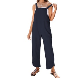 APAFES Women Summer Sleeveless Cotton Linen Bib Overalls Tulip Baggy Capri Jumpsuits with Pockets(0403-Navyblue-XL)