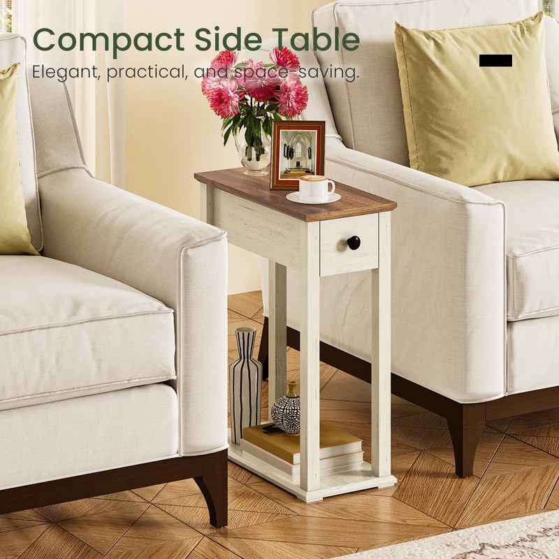 CHOEZON Farmhouse End Table, 2-Tier Narrow Side Table with Drawer,