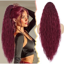 BARSDAR Burgundy Long Curly Drawstring Ponytail Extensions – 30 Inch Red Comb Clip Ponytails Hairpieces for Women – Fluffy Natural Looking Curly Wavy Synthetic Bohemian Ponytail Extensions