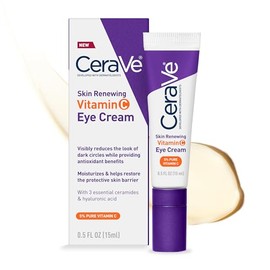 CeraVe Crema de ojos con vitamina C que renueva la piel, vitamina C, ácido hialurónico, ceramidas y cafeína, crema para debajo de los ojos para círcul