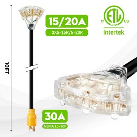 WYM world 30 Amp to 110 Generator Adapter Cord, NEMA L5-30P Male to 3X 5-15R/5-20R Female Generator Distribution Adapter 3 Prong 30 Amp to 15 Amp/20Amp with Lighted Power Indicator,STW 10 AGW 10FT