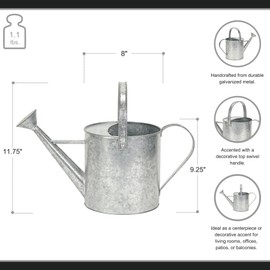 Valta Galvanized Metal Decorative Watering Can - Large Metal Décor, 17.25-Inch Gray for Living Room - by Cheungs