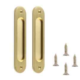 MiJunHD Recessed Sliding Door Pull, 2Pcs Oval Brushed Gold 180 * 40mm Solid Aluminum Alloy Flat Bottom Handle Finger Pull with Screws for Sliding Barn Door,Closet,Cabinet,Windows