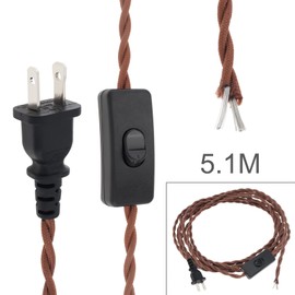 RTNLIT 16.4Ft Twisted Cloth Covered Lamp Cord with Switch Button and Molded Plug,18-Gauge Fabric Electrical Cord, Stripped Ends Ready for Wiring(5m, Brown)
