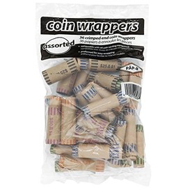 Coin-Tainer Assorted Two Dollar, Dollar, Quarter, Dimes, Nickels, Paper Coin Wrappers, Pack of 36