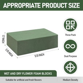 RIDEHILL 3 Pack Floral Foam Blocks, 5.5" x 3.1" x 1.7" Flower Foam for Flower Arrangements Supplies, Wet and Dry Flower Foam Blocks Suitable for Fresh and Artificial Flowers in Decorations