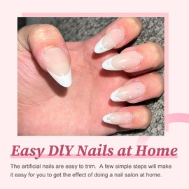 EternalClassic French Tip Press on Nails Short Almond Pearl White Fake Nails with Glue Almond Press on Nails Medium Glossy Acrylic Nails Press ons Full Cover Glue on Nails for Women Girls