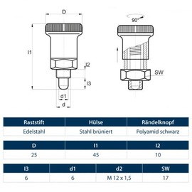 KINETIK MSystem - KM.5RBCARast bolt with locking lock - short version, burnished steel, locking bolt dimension M12 x 1.5 mm