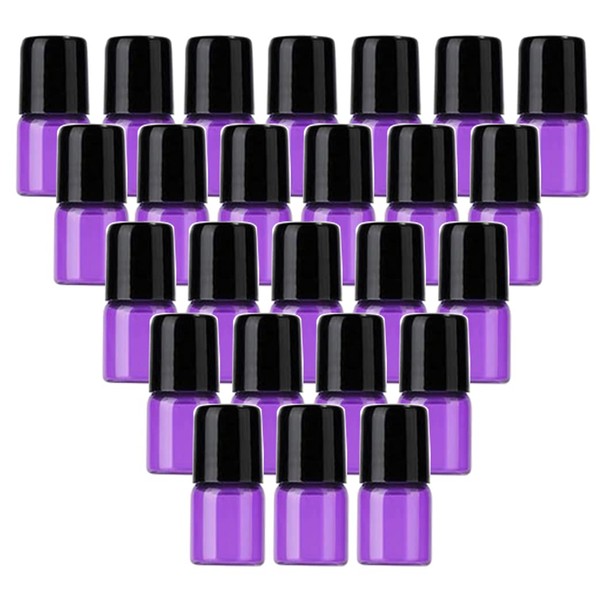 25 Pack 1ml (1/4 Dram) Colorful Glass Roll On Glass Bottles for Essential Oils,Empty Glass Vial with Stainless Steel Roller Balls Perfume Aromatherapy Travel Roll On Container-5 Color Options (Purple)
