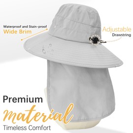 Sun Hats for Men Women,50+ UPF Safari Hat,Wide Brim Fishing Hat with Neck Flap,Foldable Bucket Hats for Summer Fishing Hiking Lightgrey