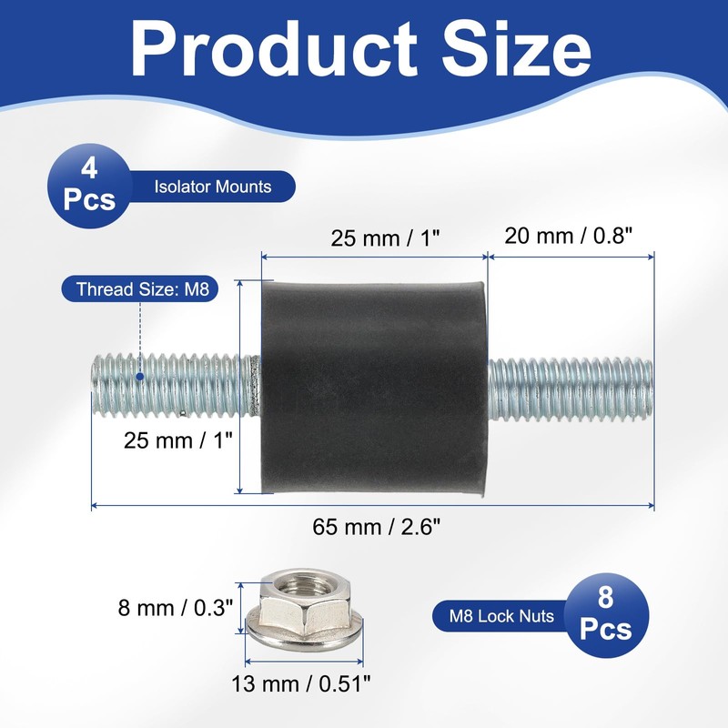 PATIKIL M8 25x25mm Rubber Isolator Mounts, 4 Pcs Rubber Studs