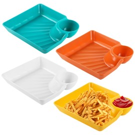 YOFAPA Chip and Dip Serving Platters, 4 Pcs Plastic Dumpling Plates with Dipping Saucers, Colorful Japanese Sushi Serving Trays, 7.1×6.5" Reusable Snack Dishes for Salad, Appetizer, Dessert