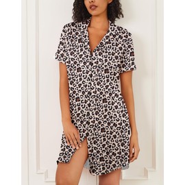 Ekouaer Nightgowns for Women 2 Pack Button Down Sleepwear Short Sleeve Sleepshirts Soft Nightshirts Boyfriend Pajama Dress,Black/Leopard,M