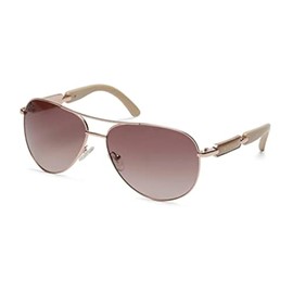 GUESS Factory Women's Metal Sunglasses Pilot, Shiny Rose Gold/Gradient Brown, 60mm