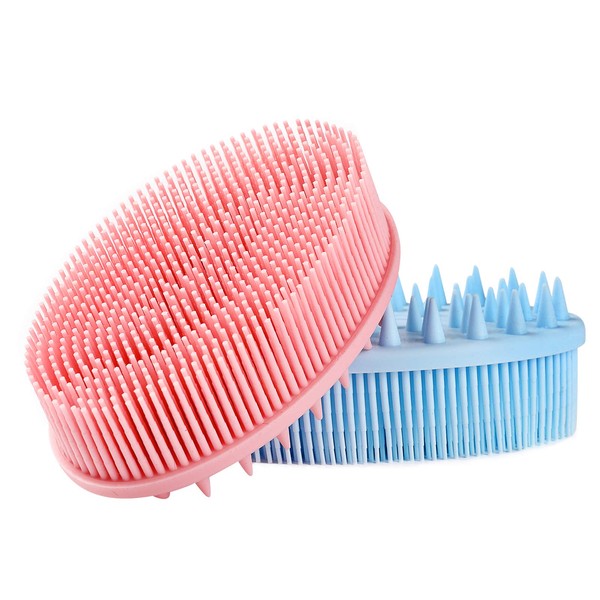 2 Pieces Exfoliating Silicone Body Scrubber, 2 in 1 Silicone Bath and Shampoo Brush, Wet and Dry Scalp Massager/Brush for Skin Care Scalp Massager - Pink & Blue