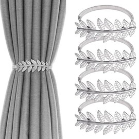 4 Pcs Elastic Alloy Curtain Straps, Adjustable 50-60cm Silver Leaf Curtain Tie Backs, Spring Curtain Holdbacks with Leaves Design, Rust-proof and Smooth Surface, for Home, Outdoor Curtain Decoration
