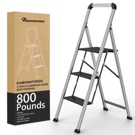 3 Step Ladder with Handrail,DIAMONDFORGE 800 lbs Capacity Aluminum Ladder, Folding Step Stool, Anti-Slip Sturdy and Wide Pedal, Lightweight and Portable Stepladder for Home,Grey