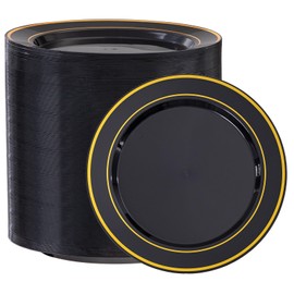 Sykomo 100Pcs Black Plastic Dessert Plates, Disposable Salad Plate with Gold Rim, Premium Hard Fancy Small Plates, Heavy Duty Plastic Cakes Plates for Party, Wedding and Birthday