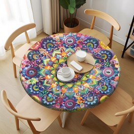 Colorful Boho Mandala Round Fitted Tablecloth with Elastic Table Cover Round Elastic Tablecloth, Waterproof Wipeable Fitted Table Cloth, Fits Tables up to 45"-50" Diameter