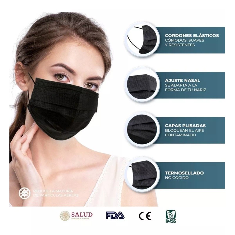 Sanwo Cubre Bocas Negro Tricapa Sanwo 50 Piezas Termosellado