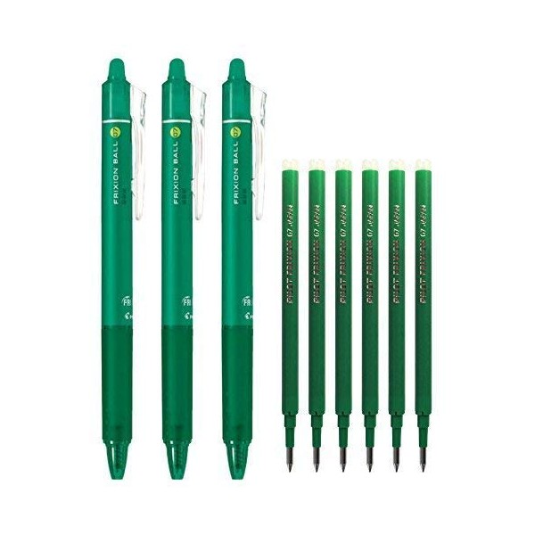 Pilot FriXion Ball Knock Retractable Erasable Gel Ink Pens, Extra Fine Point 0.7mm, Green Ink, 3 Pens & 6 Refills Value Set