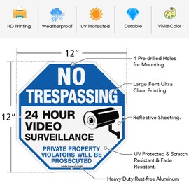 4-Pack No Trespassing Sign Private Property Protected By Video Surveillance Violators Will Be Prosecuted Sign, 12 x 12 Inch Reflective Aluminum, UV Protected, Weather/Fade Resistant, Easy to Install
