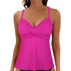 Firpearl Women's Underwire Tankini Top Only Twist V Neck Swimsuits for Big Busted Loose Fit Bathing Suit Tops, Hot Pink, 16